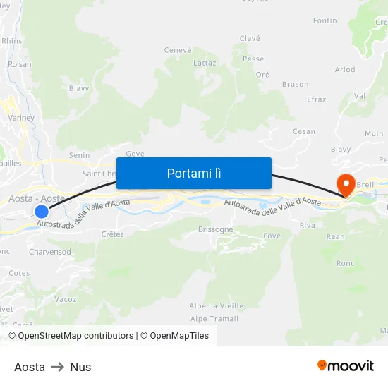 Aosta to Nus map
