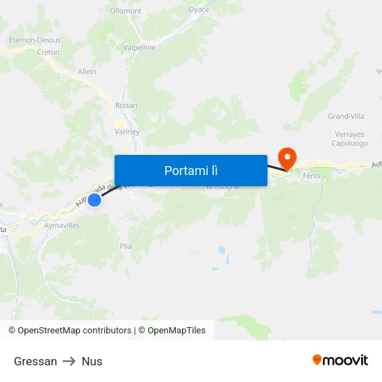 Gressan to Nus map