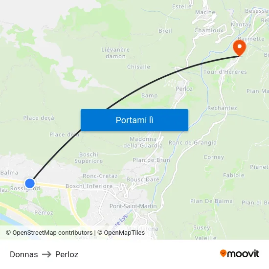 Donnas to Perloz map