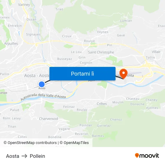 Aosta to Pollein map