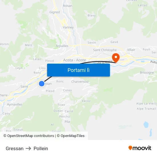 Gressan to Pollein map
