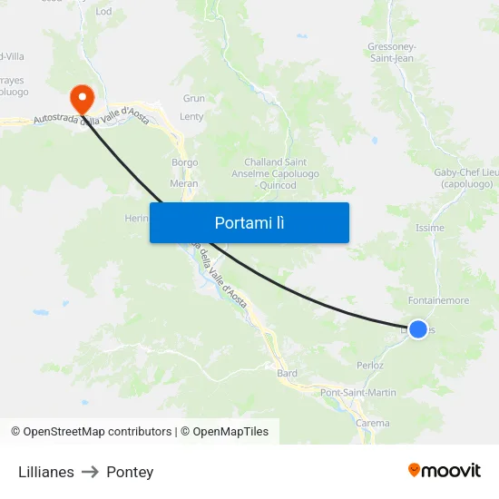 Lillianes to Pontey map