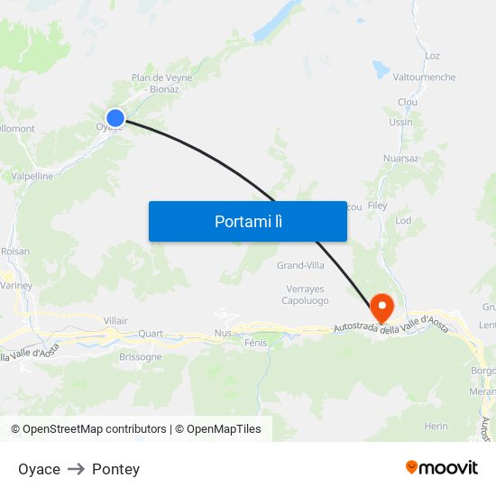 Oyace to Pontey map