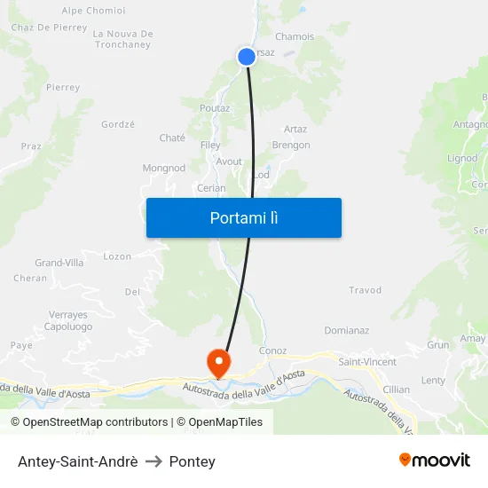 Antey-Saint-Andrè to Pontey map