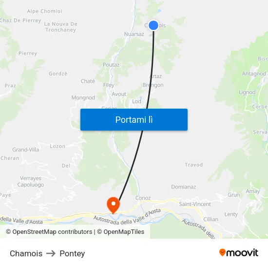 Chamois to Pontey map