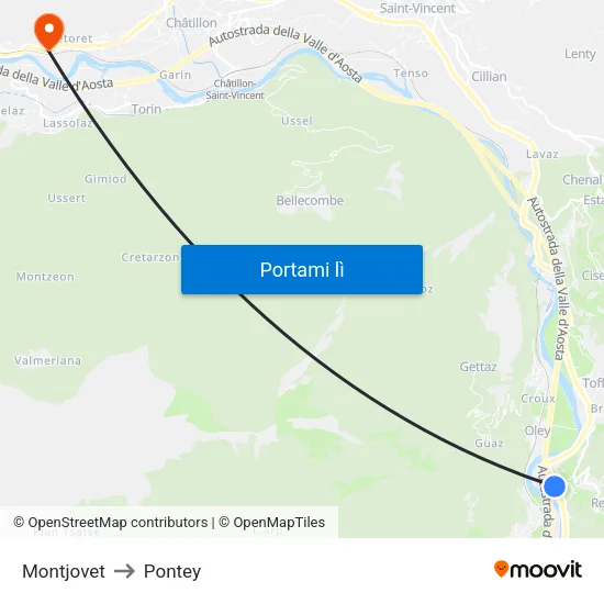 Montjovet to Pontey map