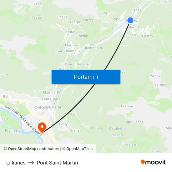 Lillianes to Pont-Saint-Martin map
