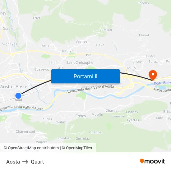 Aosta to Quart map