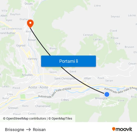 Brissogne to Roisan map