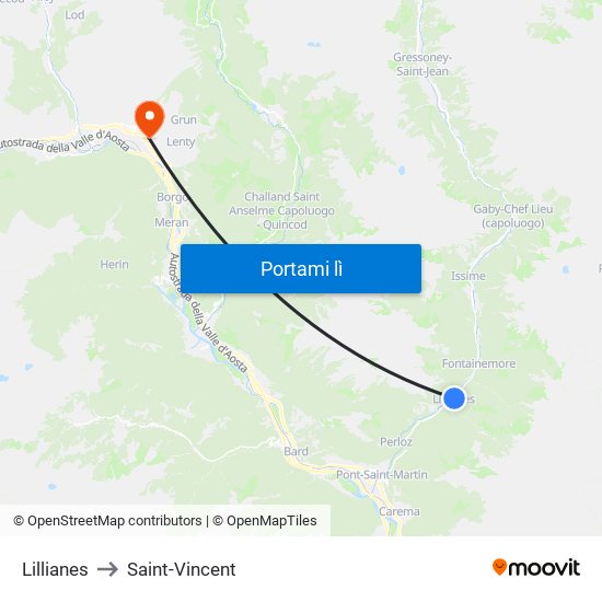 Lillianes to Saint-Vincent map