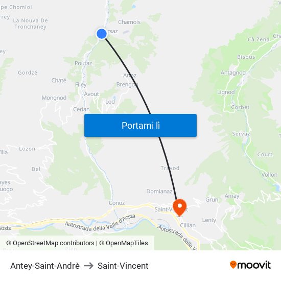 Antey-Saint-Andrè to Saint-Vincent map