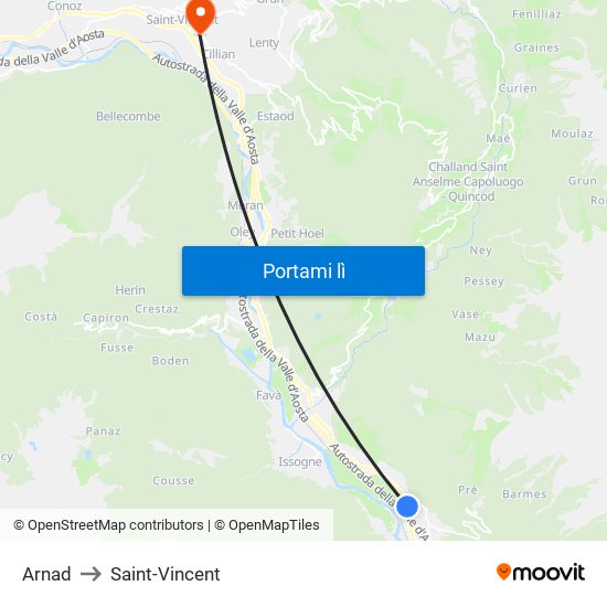 Arnad to Saint-Vincent map