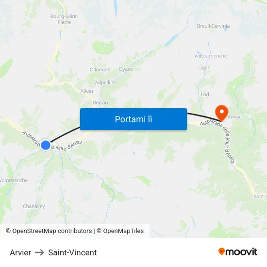 Arvier to Saint-Vincent map