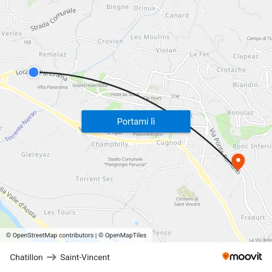 Chatillon to Saint-Vincent map