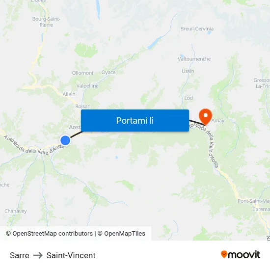 Sarre to Saint-Vincent map