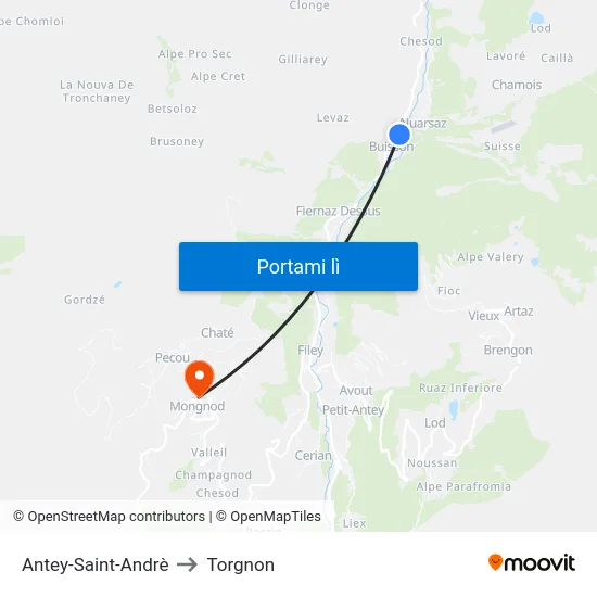 Antey-Saint-Andrè to Torgnon map