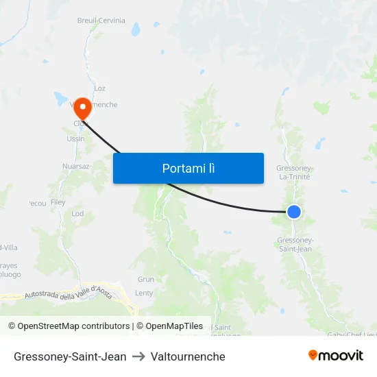 Gressoney-Saint-Jean to Valtournenche map