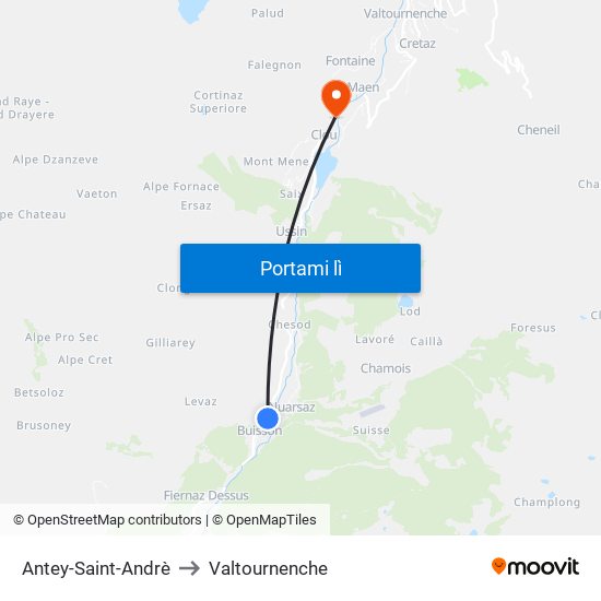 Antey-Saint-Andrè to Valtournenche map