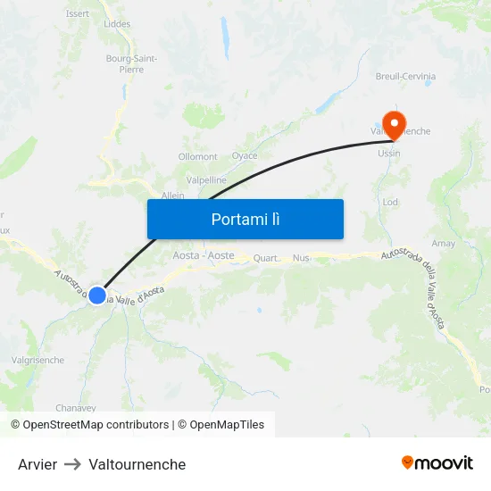 Arvier to Valtournenche map