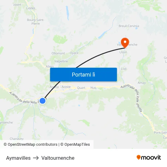 Aymavilles to Valtournenche map
