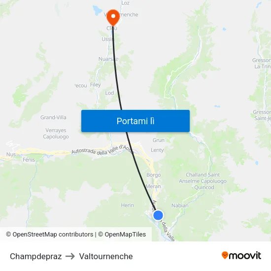 Champdepraz to Valtournenche map