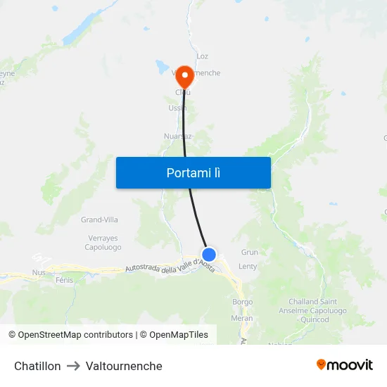 Chatillon to Valtournenche map