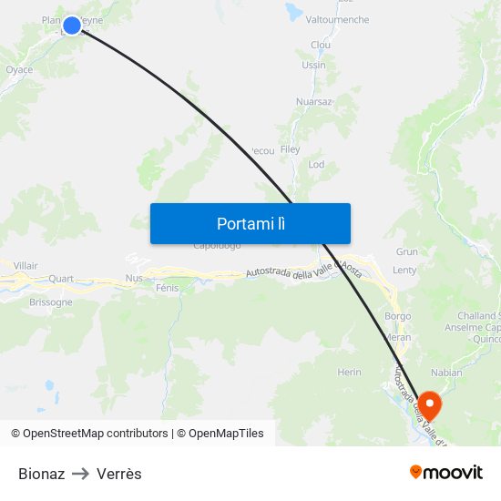 Bionaz to Verrès map