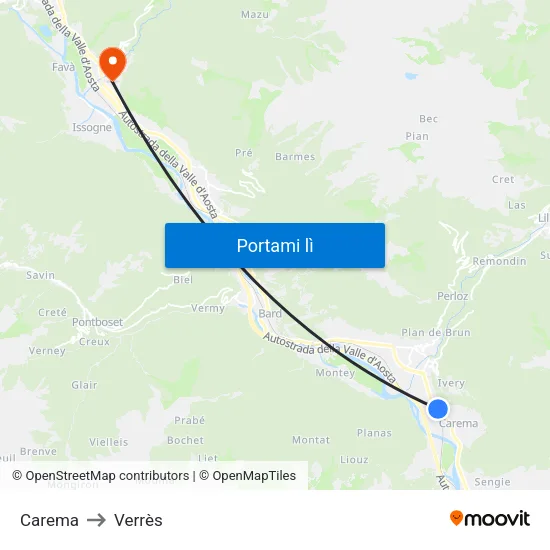 Carema to Verrès map
