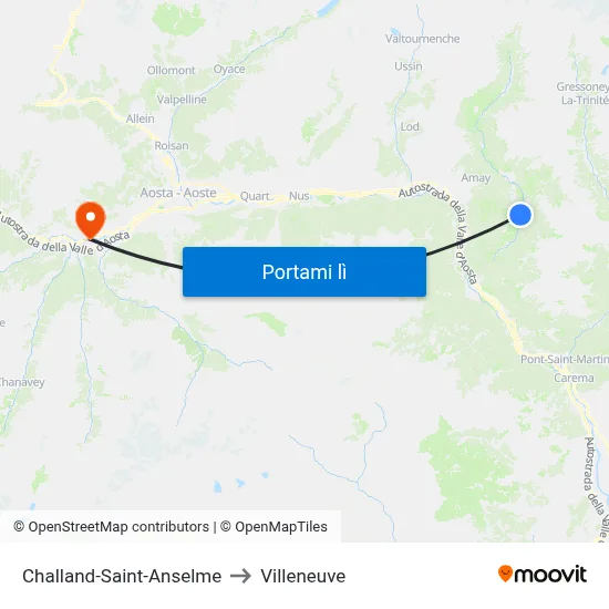Challand-Saint-Anselme to Villeneuve map