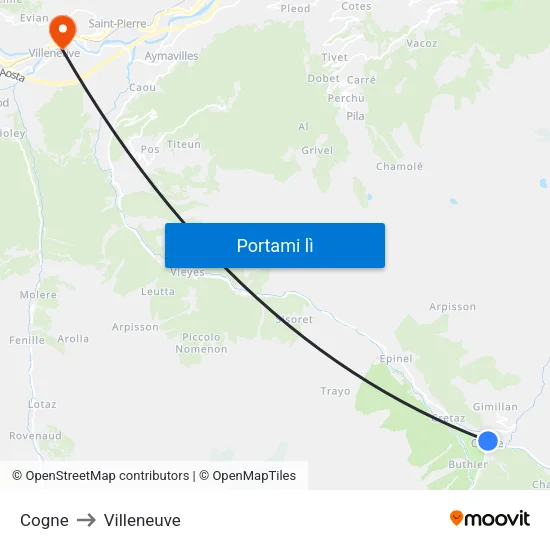 Cogne to Villeneuve map