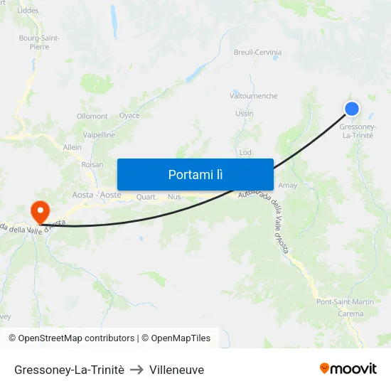 Gressoney-La-Trinitè to Villeneuve map