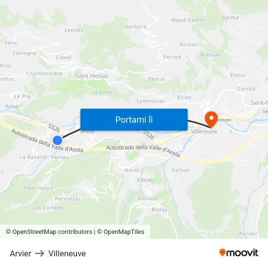Arvier to Villeneuve map