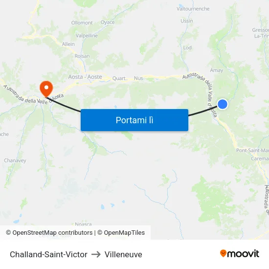 Challand-Saint-Victor to Villeneuve map