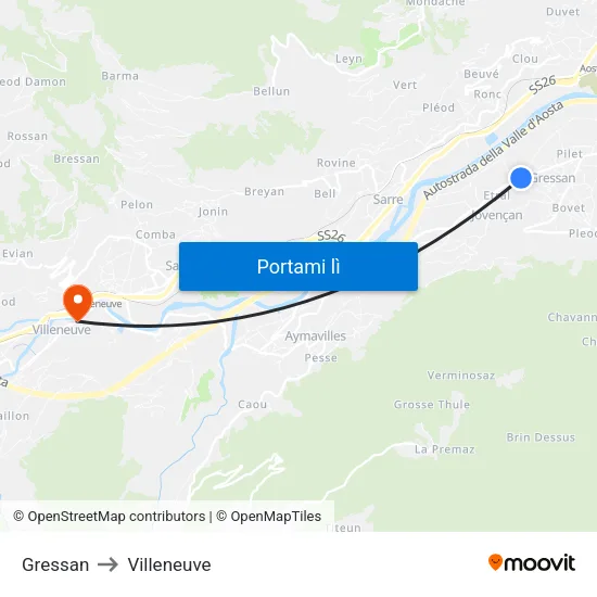 Gressan to Villeneuve map