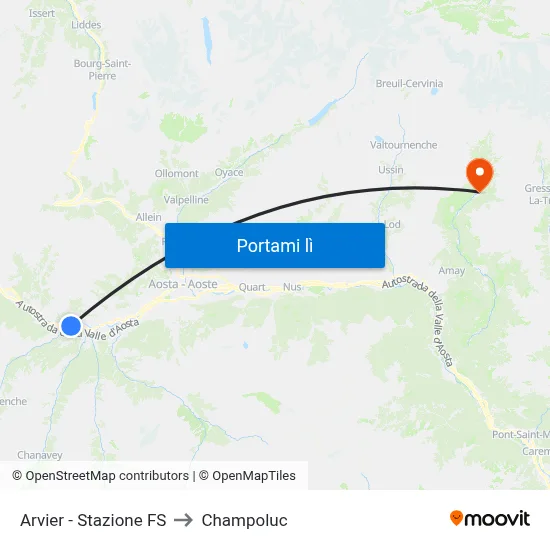 Arvier - Stazione FS to Champoluc map