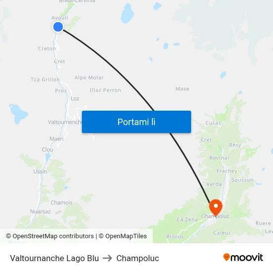 Valtournanche Lago Blu to Champoluc map