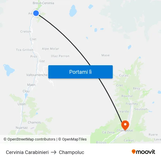 Cervinia Carabinieri to Champoluc map