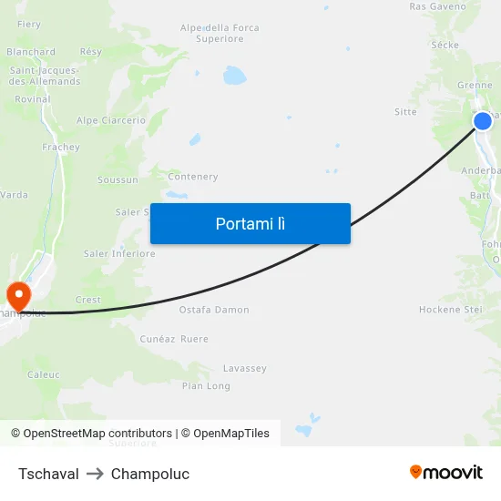 Tschaval to Champoluc map