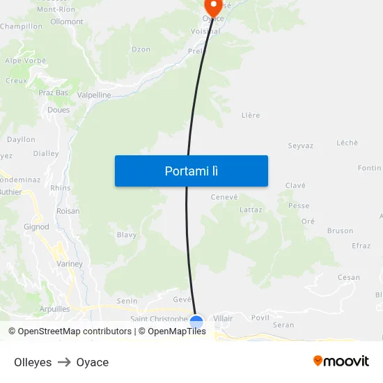 Olleyes to Oyace map