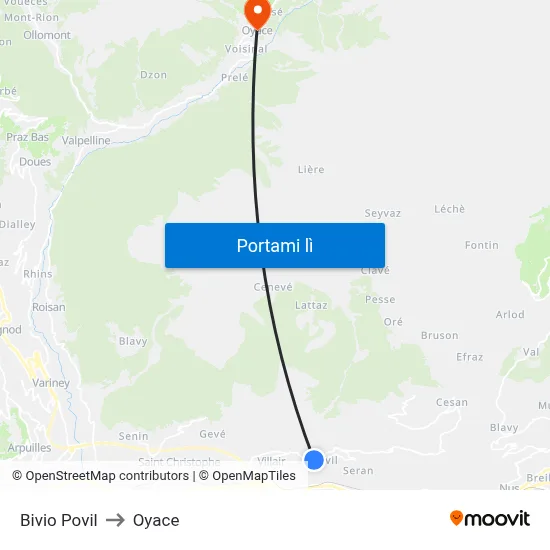 Bivio Povil to Oyace map