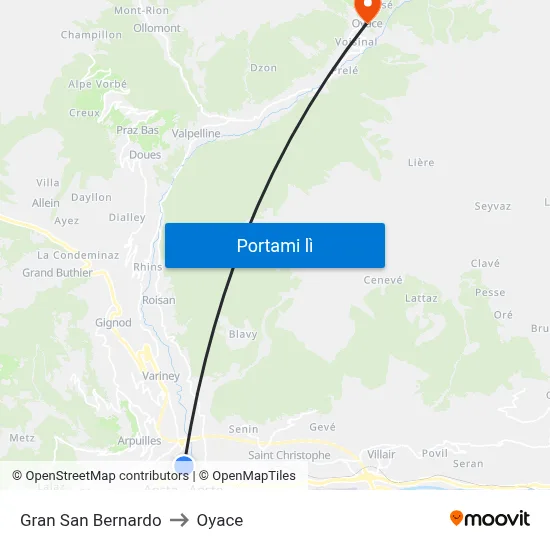 Gran San Bernardo to Oyace map