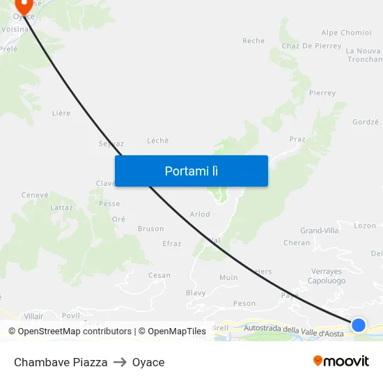 Chambave Piazza to Oyace map