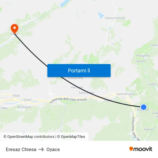 Eresaz Chiesa to Oyace map