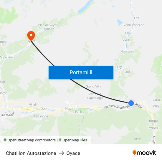 Chatillon Autostazione to Oyace map