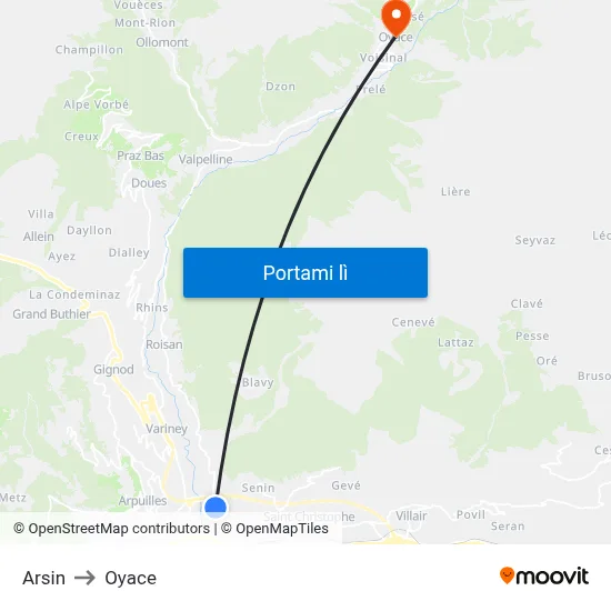 Arsin to Oyace map