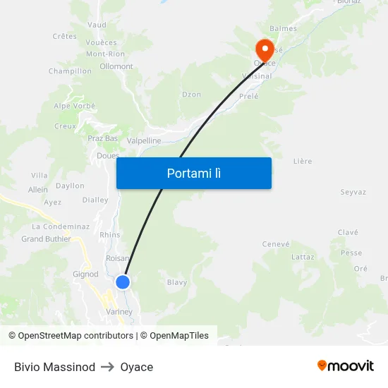 Bivio Massinod to Oyace map