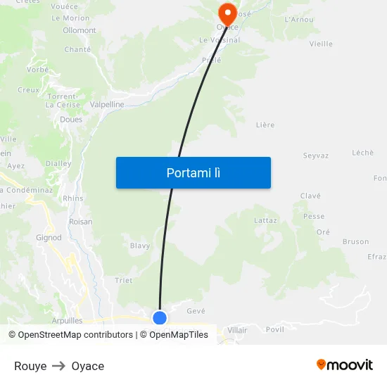 Rouye to Oyace map