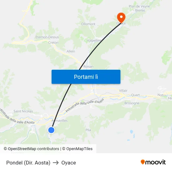 Pondel (Dir. Aosta) to Oyace map