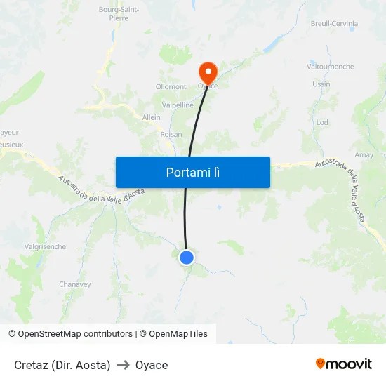 Cretaz (Dir. Aosta) to Oyace map