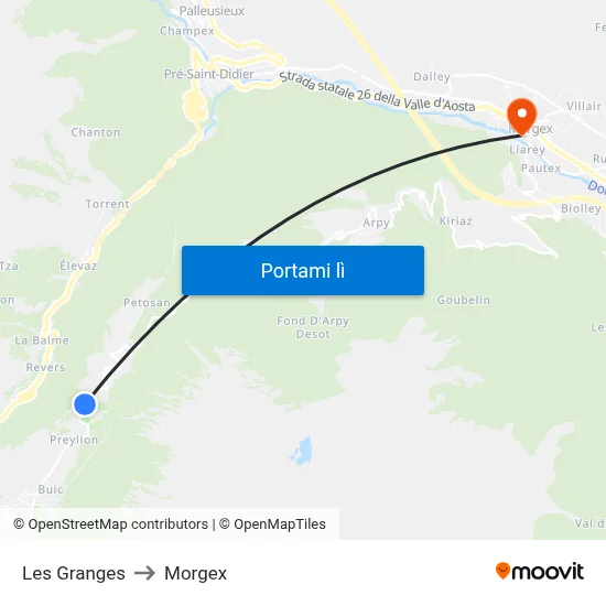 Les Granges to Morgex map